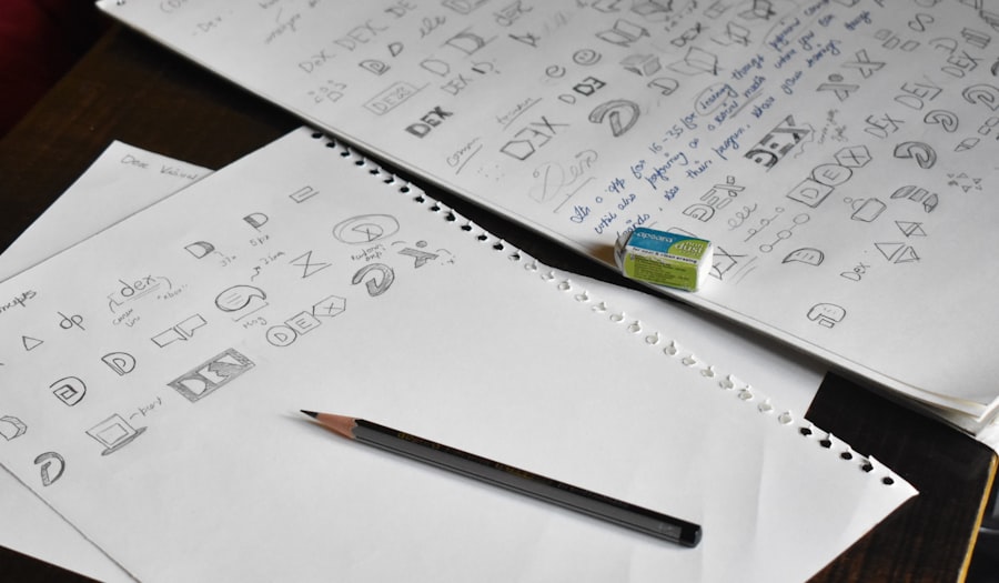 Logo design sketches and branding concepts